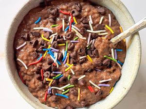 Chocolate Chia Pudding Topped With Chocolate Chips and Sprinkles 